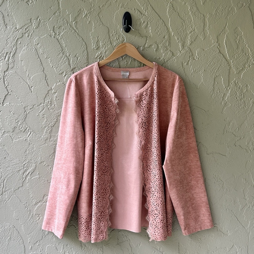 Chico's Women's XL Size 16/18 Bella Pink Long Perforated Faux Suede Jacket NWOT